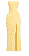 Sırtı Korseli Komple Drape Detaylı Fularlı  Lavina  Abiye -Pastel sarı