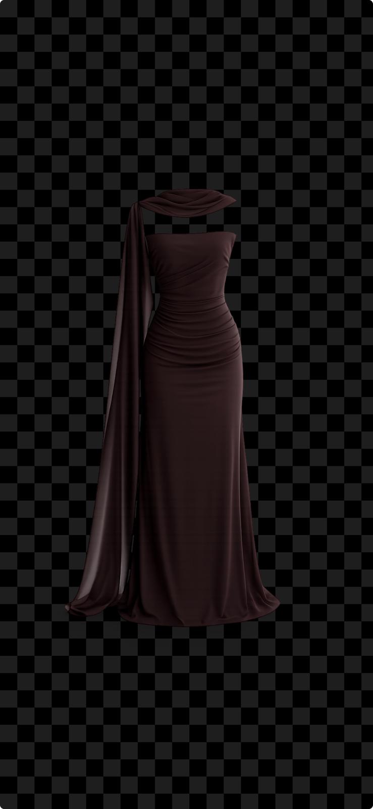 Straplez Drape Detay Fularlı Kahve Uzun Abiye