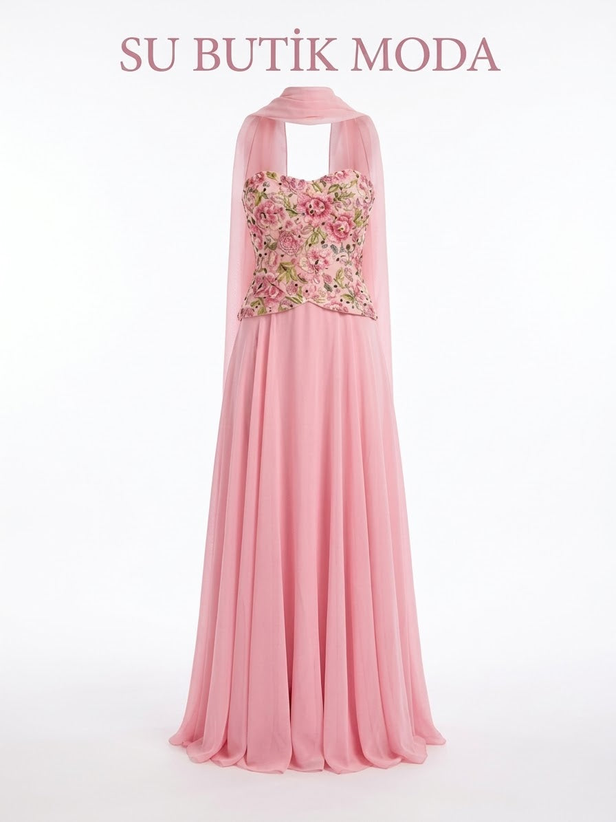 Rose Korseli Abiye - Pudra Pembe