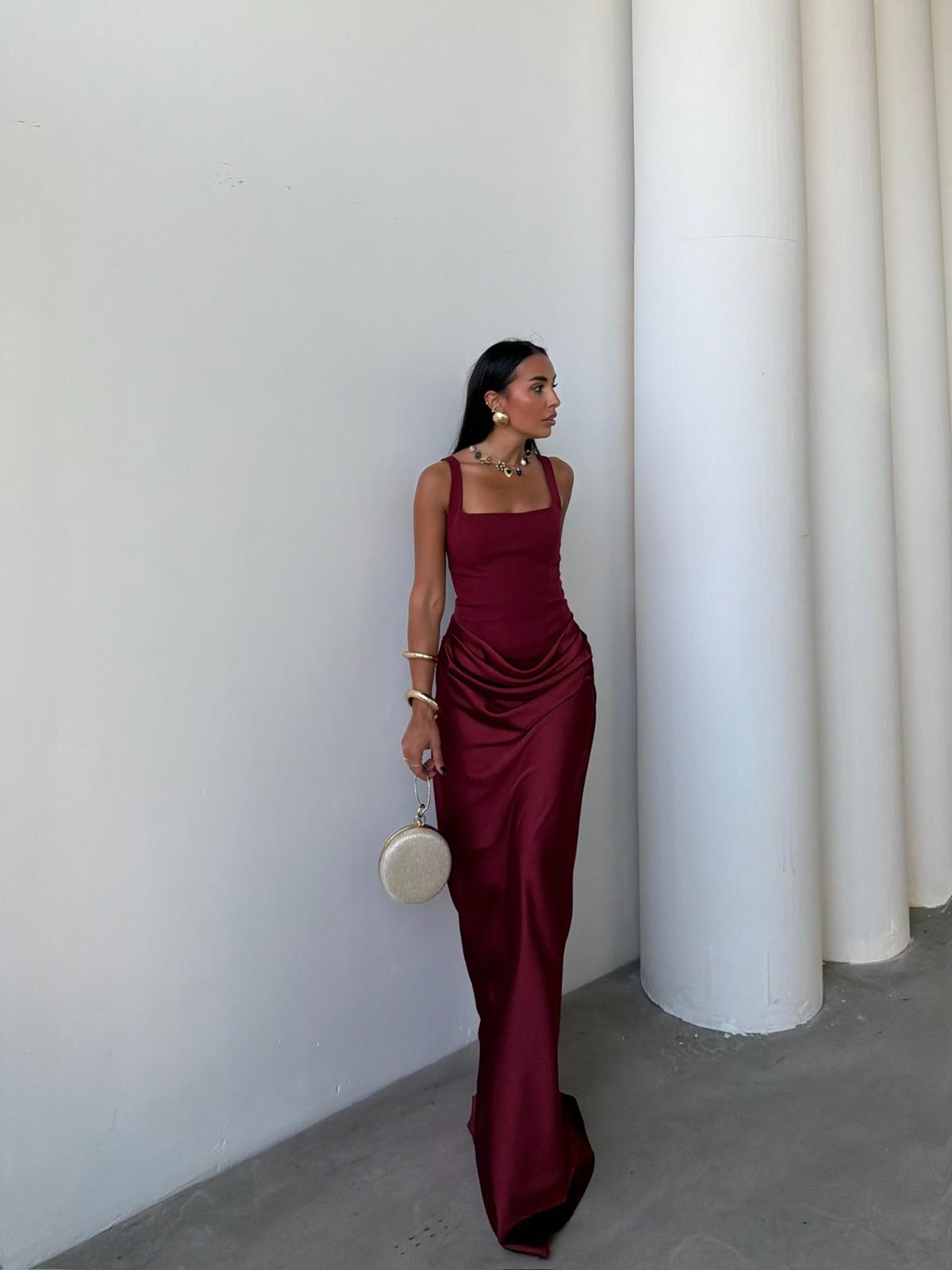 Üstü Korse Eteği Drape Valerie Elbise - BORDO