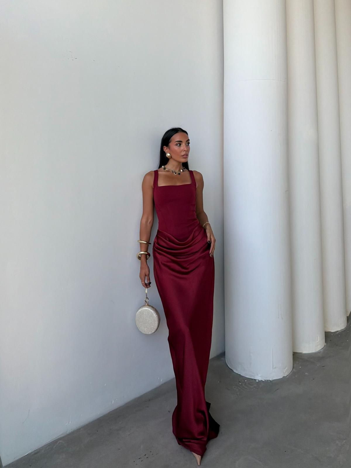Üstü Korse Eteği Drape Valerie Elbise - BORDO