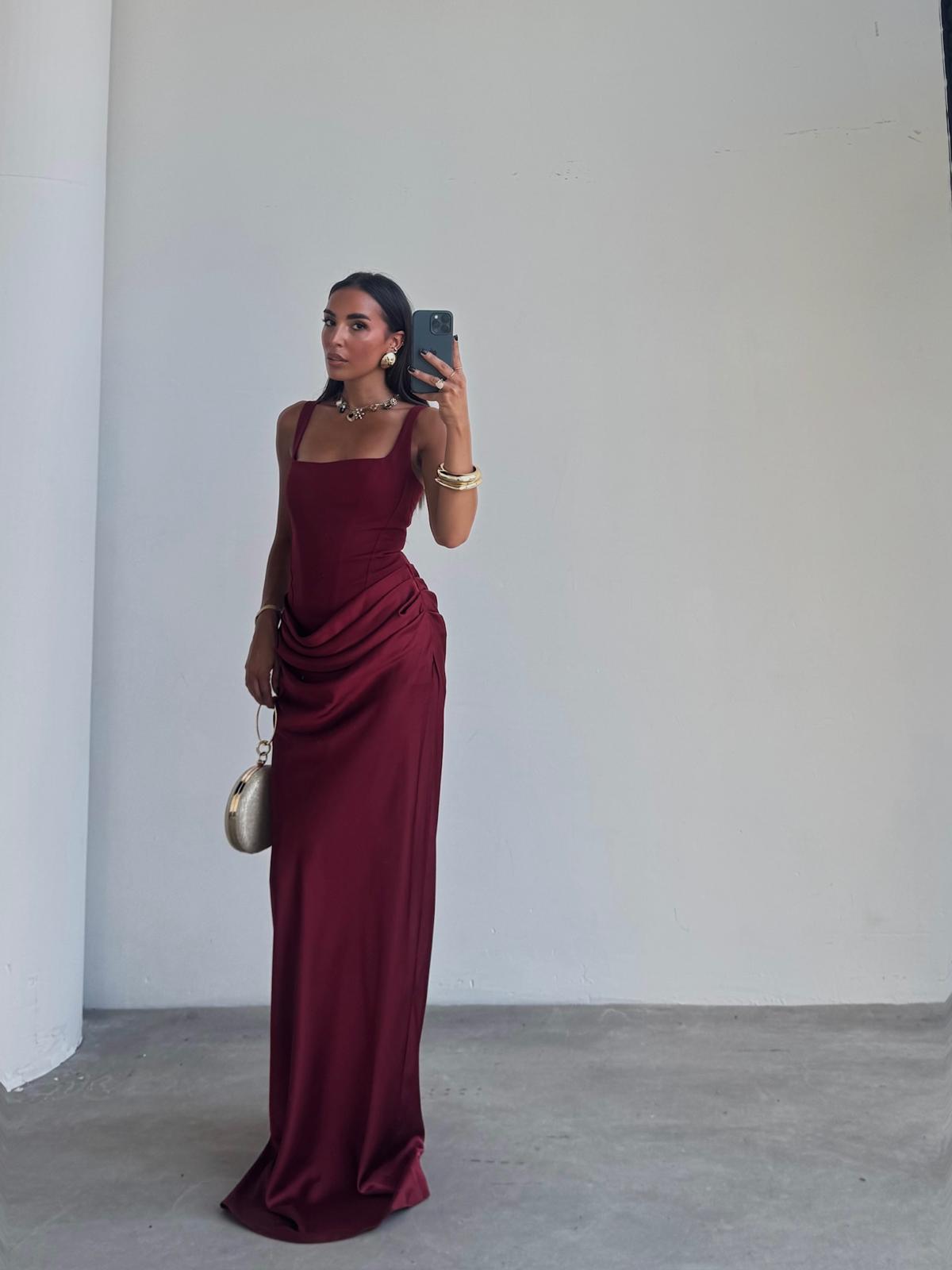 Üstü Korse Eteği Drape Valerie Elbise - BORDO