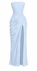 Sırtı Korseli Komple Drape Detaylı Fularlı Lavina Abiye - BEBE MAVİSİ