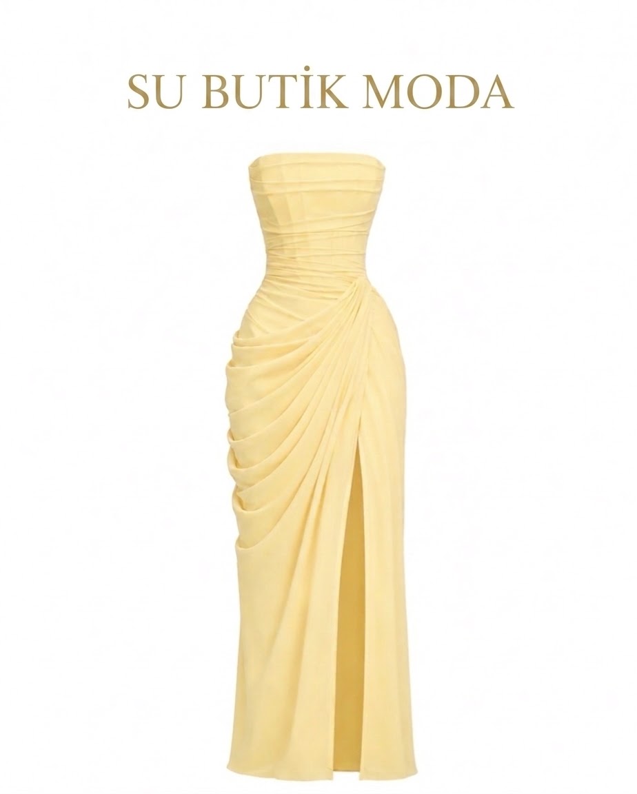 Sırtı Korseli Komple Drape Detaylı Fularlı Diva Dress Abiye - SARI