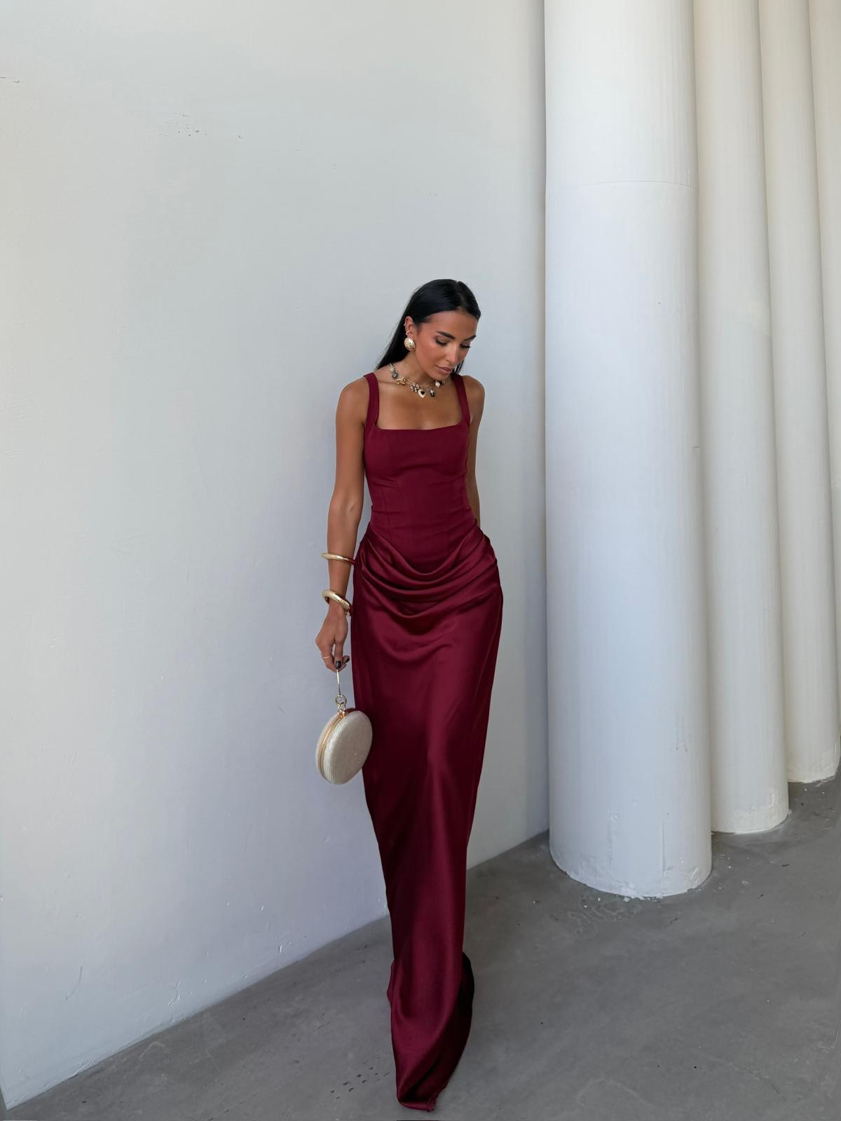 Üstü Korse Eteği Drape Valerie Elbise - BORDO