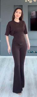 Korse Detaylı Bluz Pantolon Takım - Kahverenği