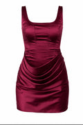 Bella Drapeli Saten Mini  Elbise - Bordo