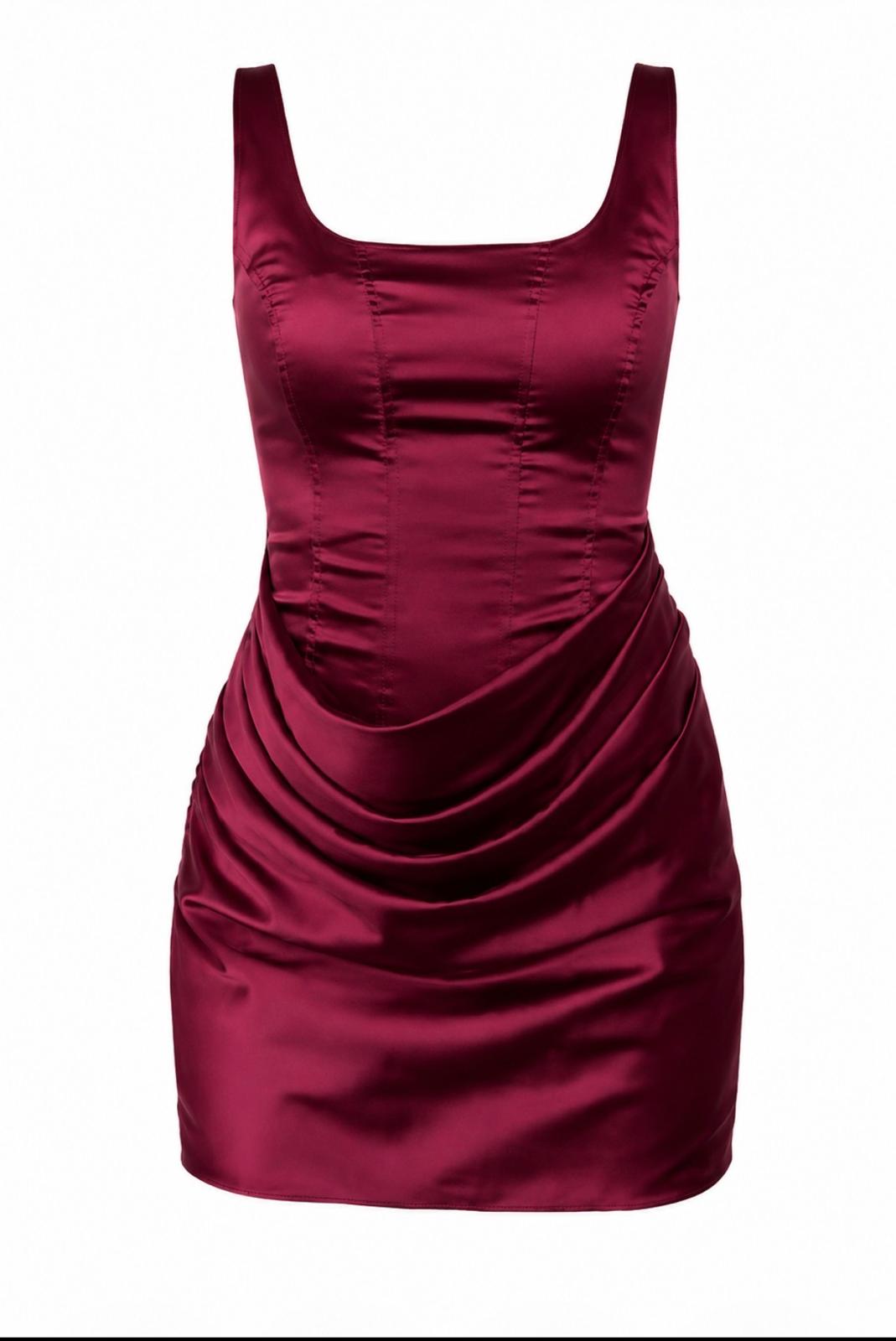 Bella Drapeli Saten Mini  Elbise - Bordo