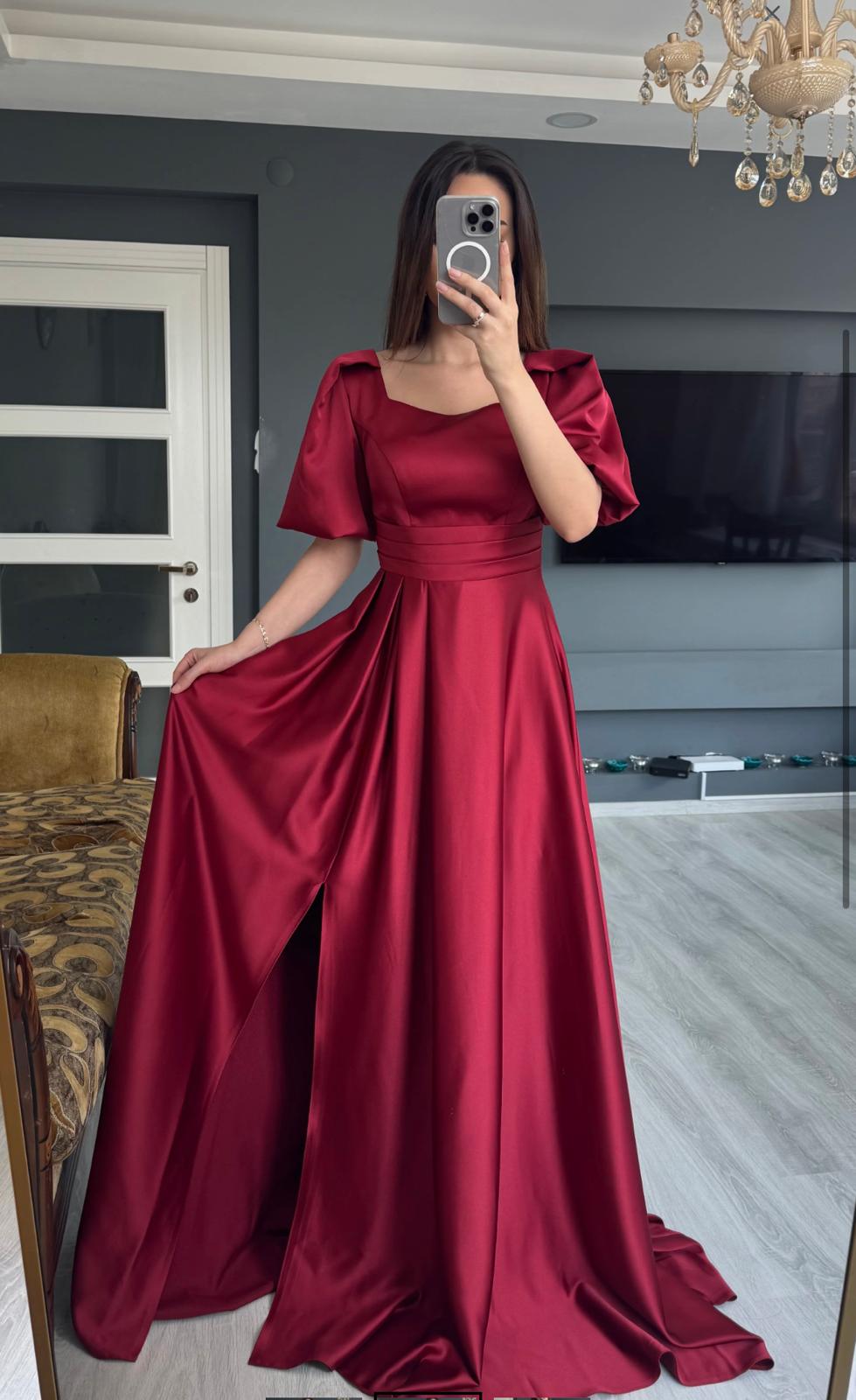 Balon Kol Saten Uzun Abiye - BORDO