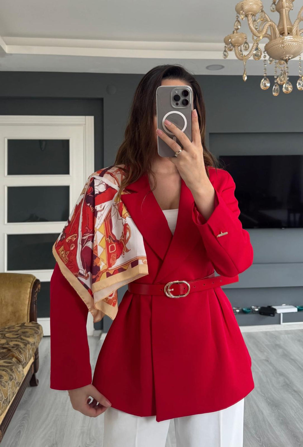 Kemerli Fular Detaylı Blazer Ceket - Kırmızı