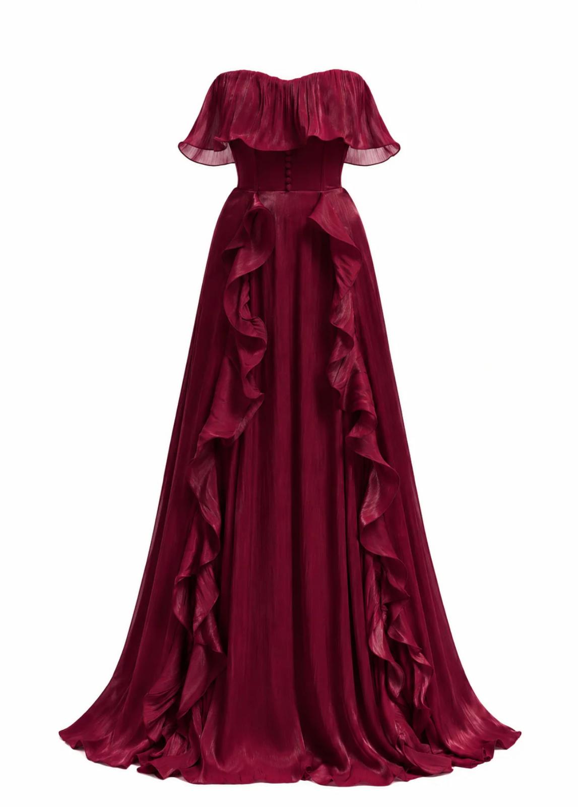Volanlı Farfy Abiye - Bordo