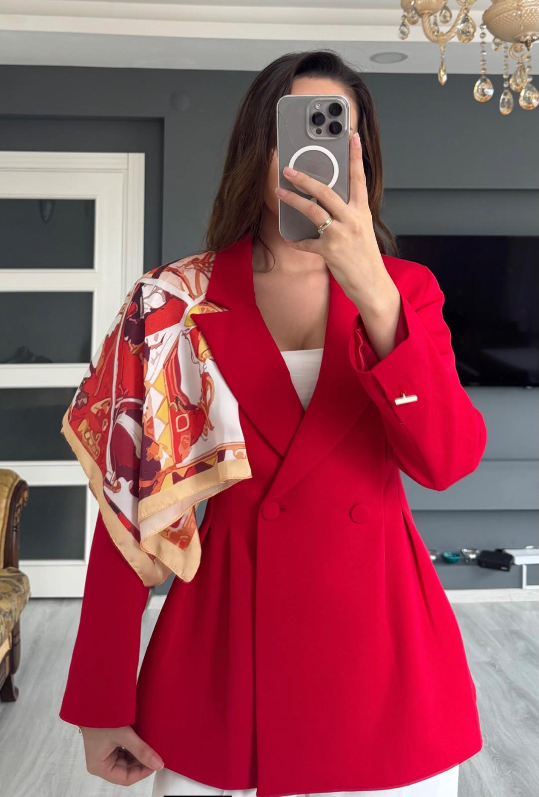 Kemerli Fular Detaylı Blazer Ceket - Kırmızı