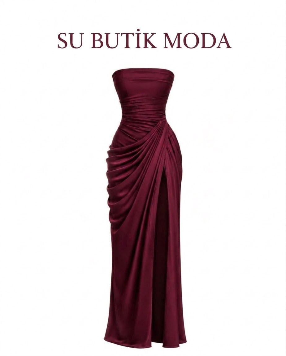 Sırtı Korseli Komple Drape Detaylı Fularlı Diva Dress Abiye - BORDO