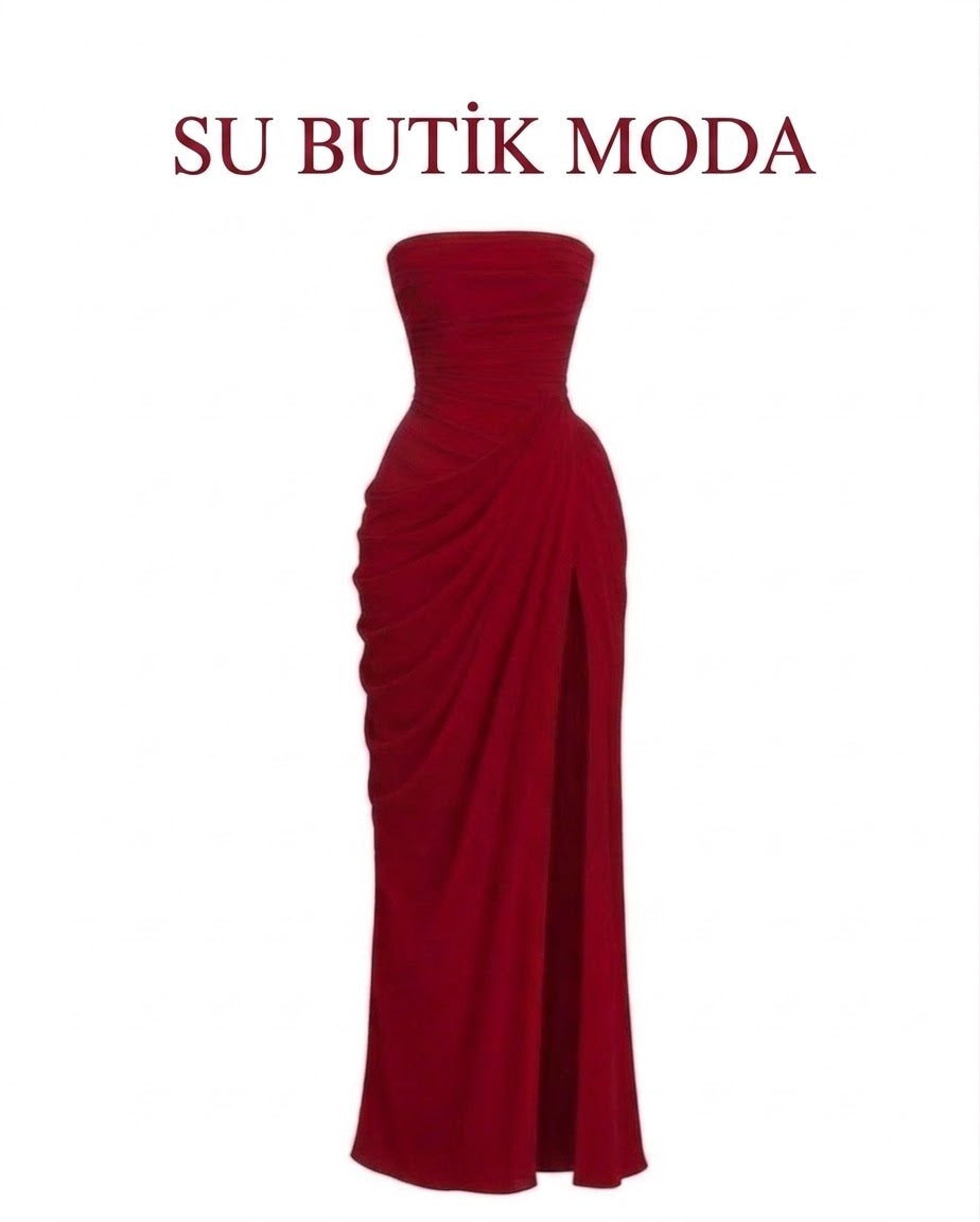 Sırtı Korseli Komple Drape Detaylı Fularlı Diva Dress Abiye - KIRMIZI