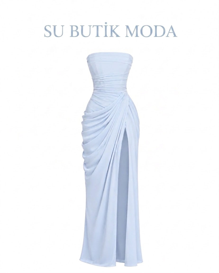 Sırtı Korseli Komple Drape Detaylı Fularlı Diva Dress Abiye - BEBE MAVİSİ