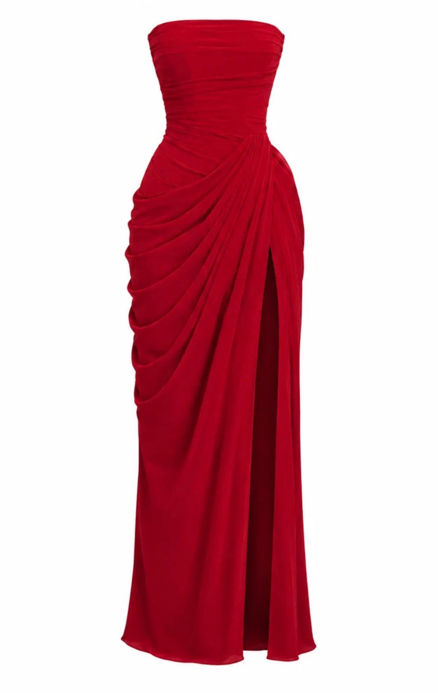 Sırtı Korseli Komple Drape Detaylı Fularlı Diva Dress Abiye - KIRMIZI