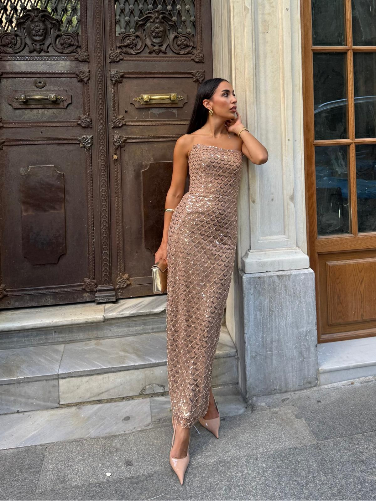 Midi Straplez Abiye -  Gold