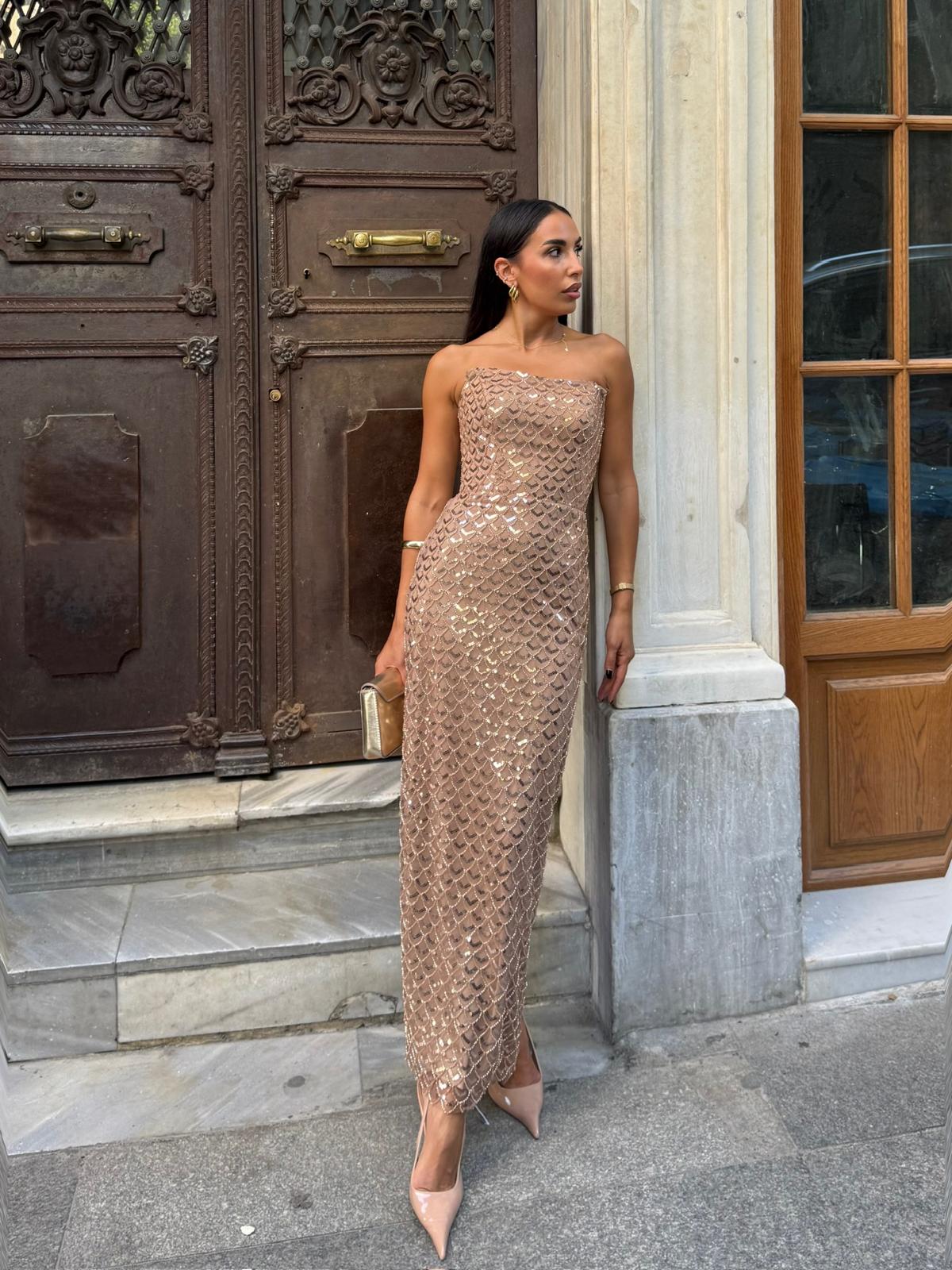 Midi Straplez Abiye -  Gold