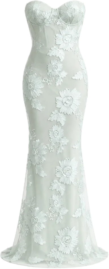 Çiçek İşlemeli Tül Maksi Daisy Elbise Mint