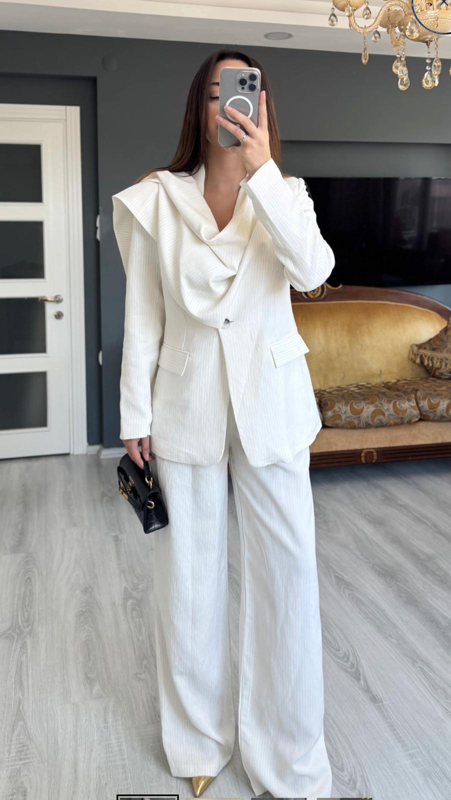 Çizgili Şal Detaylı Blazer Pantolon Takım Premium Kalite - BEYAZ