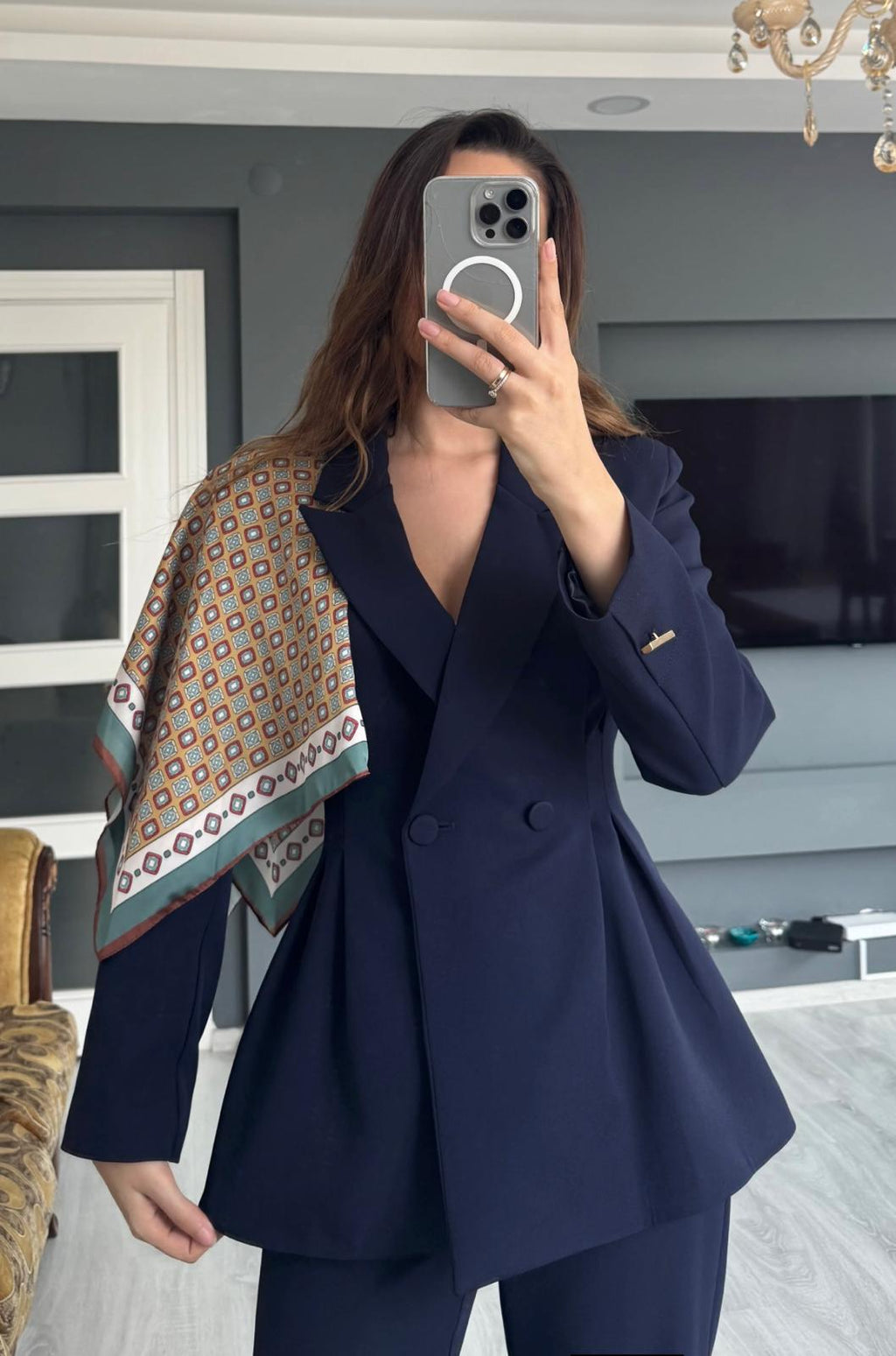Kemerli Fular Detaylı Blazer Ceket - Lacivert