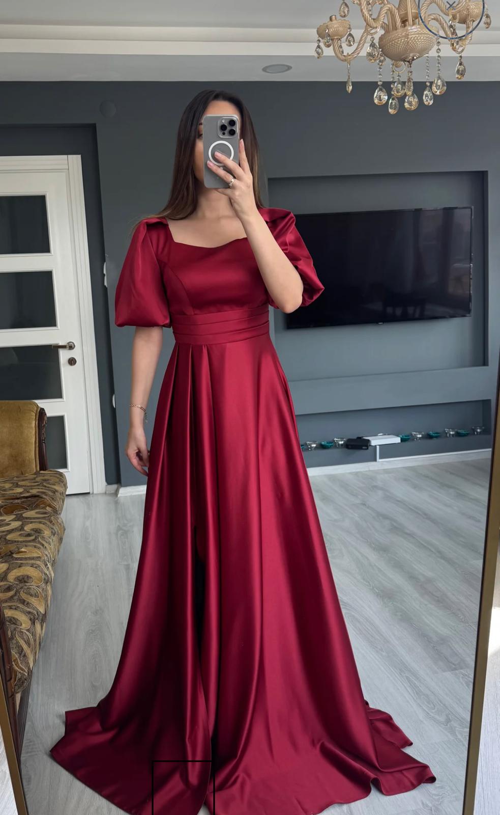 Balon Kol Saten Uzun Abiye - BORDO