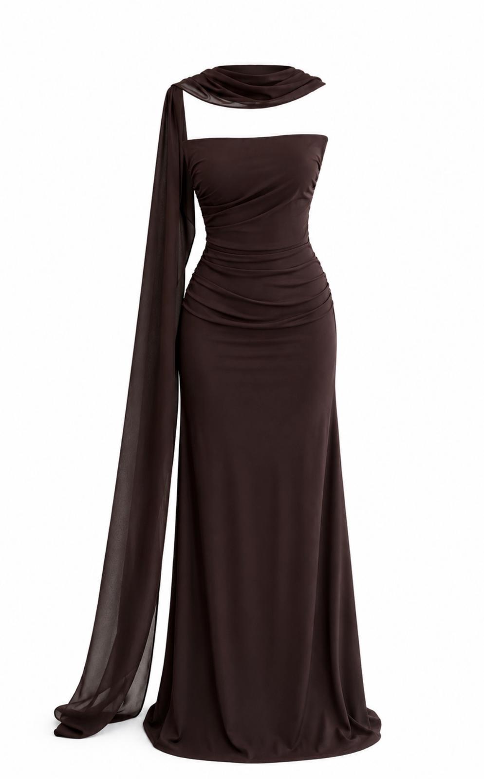 Straplez Drape Detay Fularlı Kahve Uzun Abiye