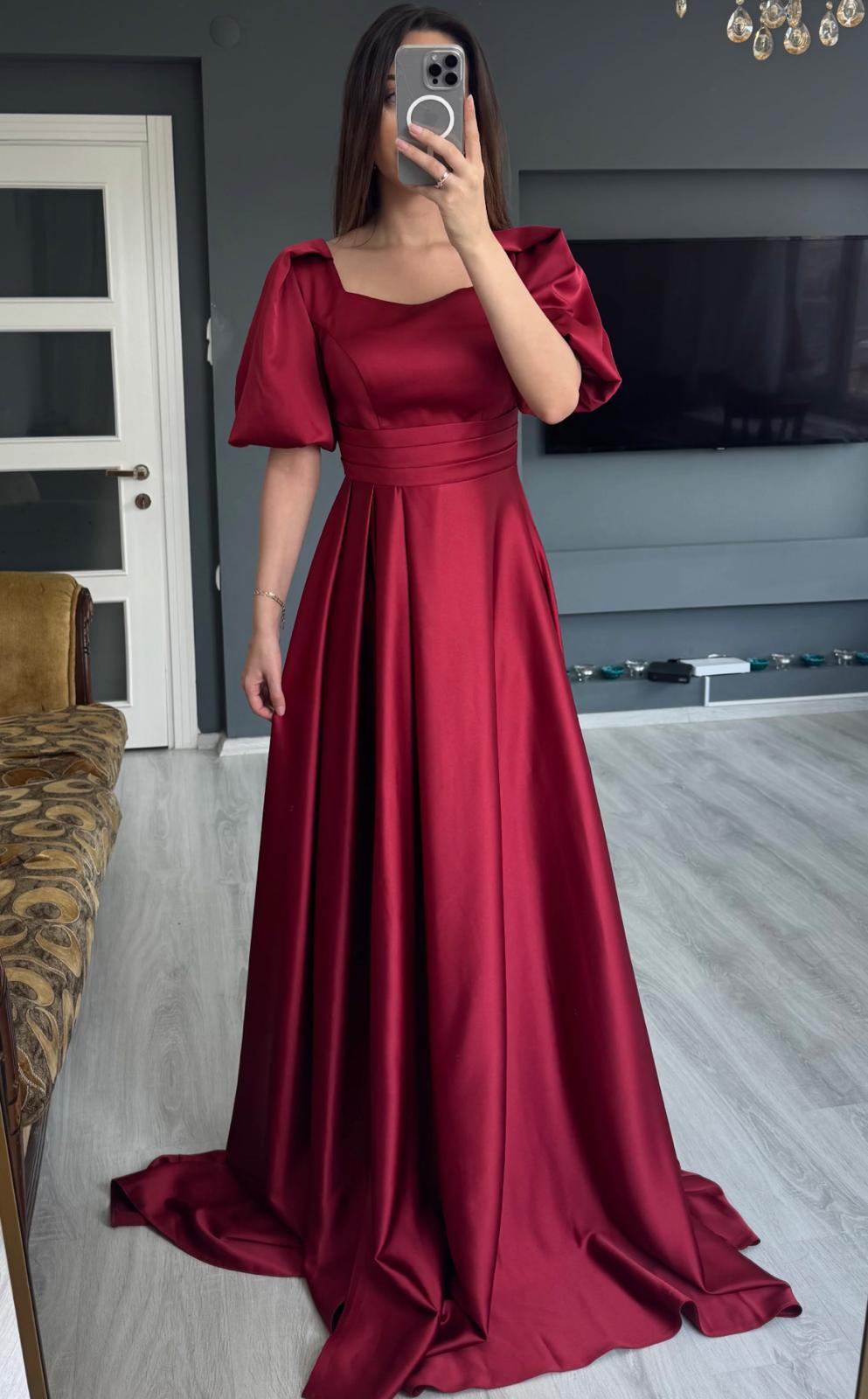Balon Kol Saten Uzun Abiye - BORDO