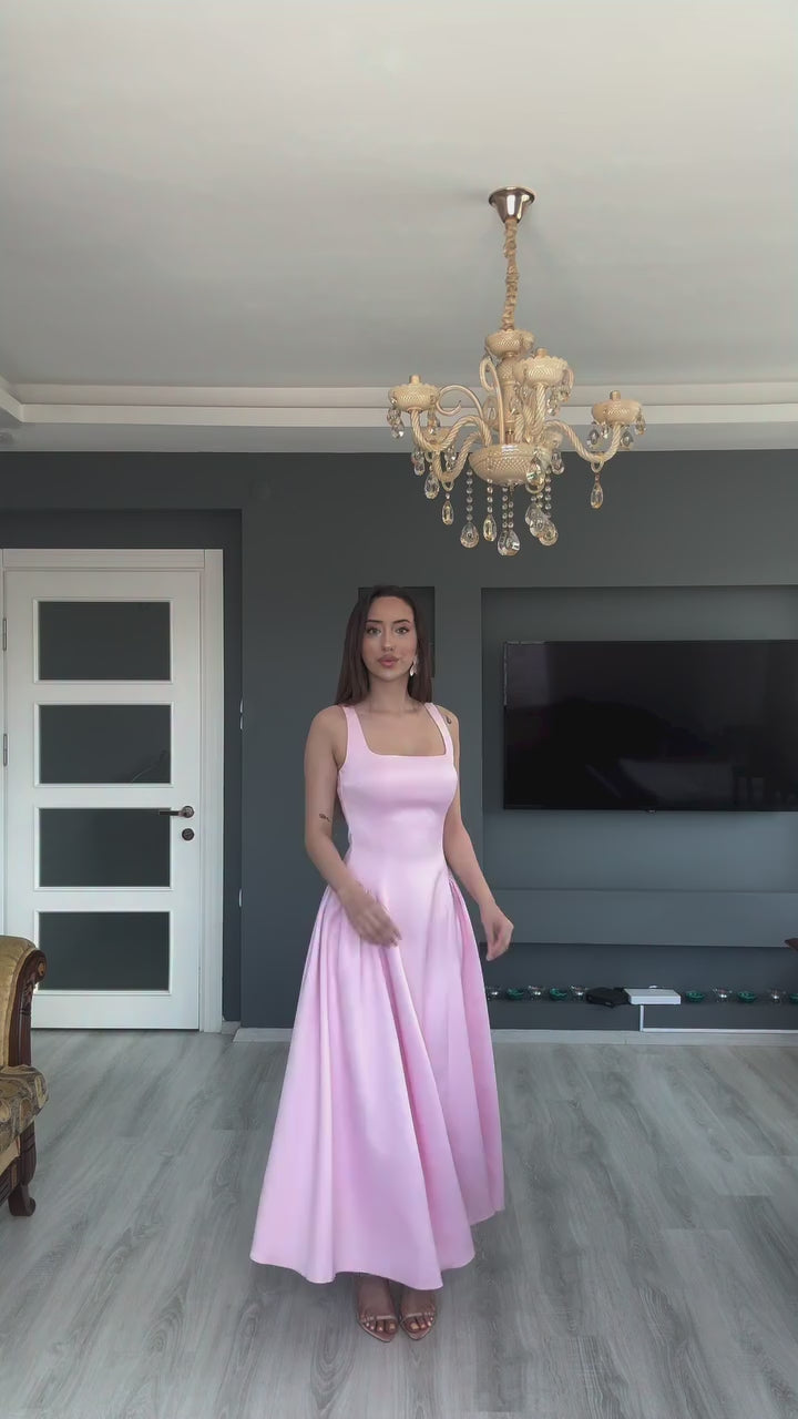 Saten Bel Büzgülü Selene Elbise - Penbe