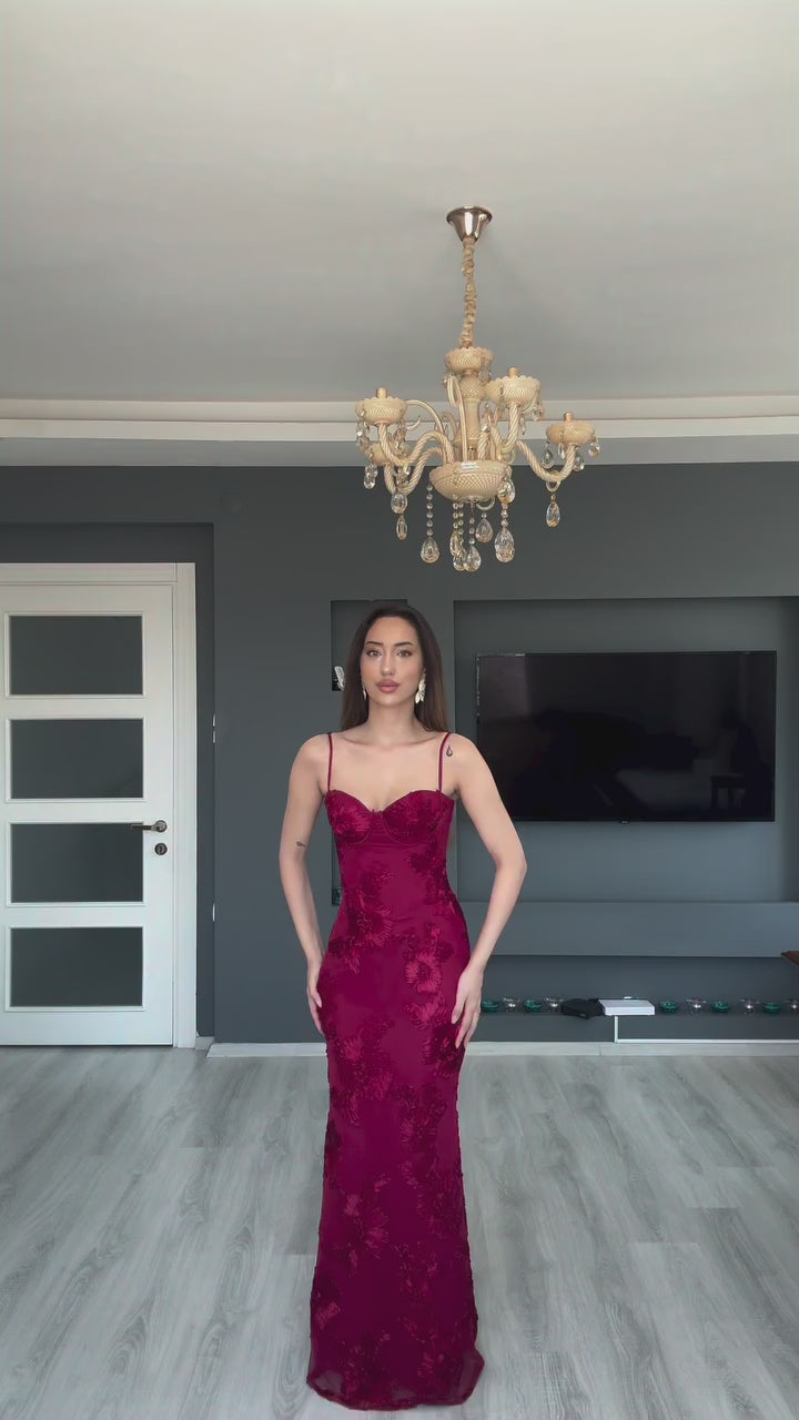 Çiçek İşlemeli Tül İnce Askılı Maksi Daisy Elbise Bordo