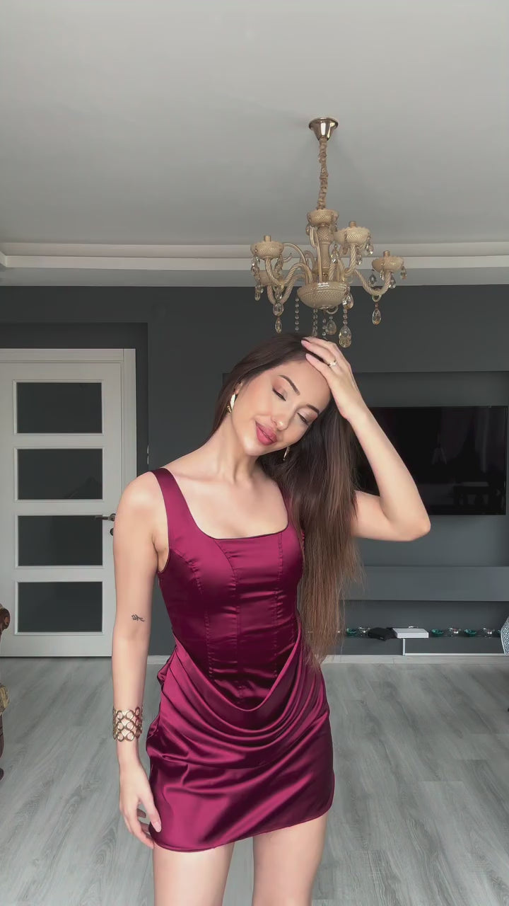 Bella Drapeli Saten Mini  Elbise - Bordo